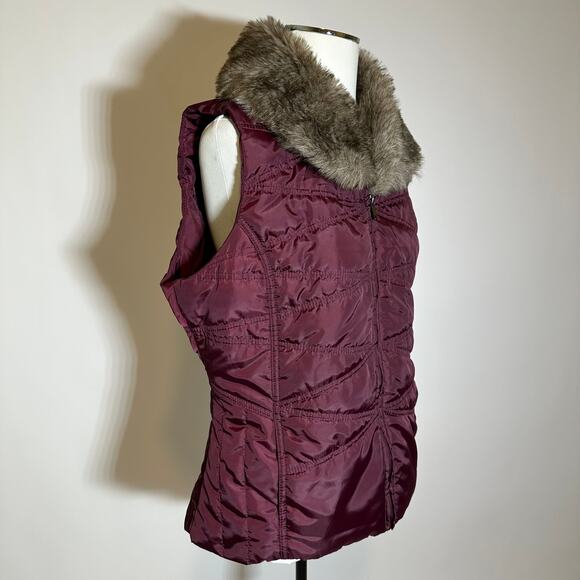 Exertek Maroon Faux Fur Trim Puffer Vest Full Zip Lightweight Womens Size Large - Picture 2 of 12